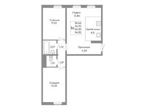 3-к квартира, строящийся дом, 56м2, 2/10 этаж