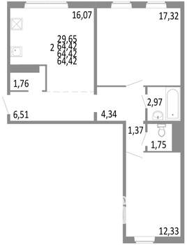 2-к квартира, строящийся дом, 64м2, 2/10 этаж
