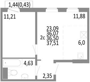 2-к квартира, строящийся дом, 37м2, 8/10 этаж