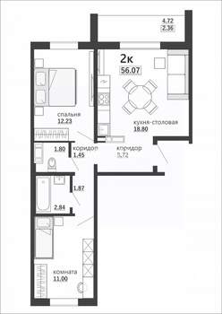 2-к квартира, вторичка, 56м2, 3/10 этаж