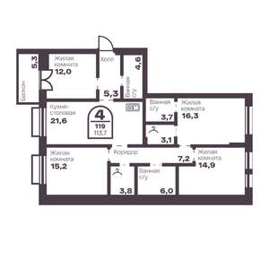 4-к квартира, вторичка, 114м2, 6/24 этаж