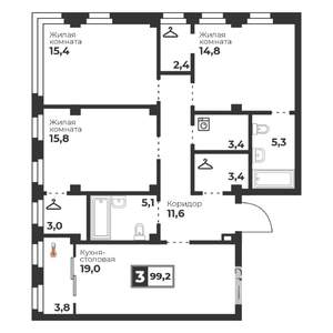 3-к квартира, строящийся дом, 99м2, 6/18 этаж
