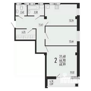 2-к квартира, вторичка, 69м2, 9/16 этаж