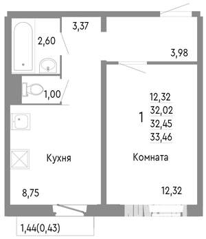1-к квартира, строящийся дом, 32м2, 10/10 этаж