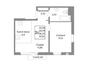 2-к квартира, строящийся дом, 36м2, 7/10 этаж