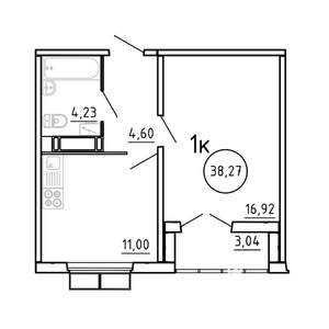 1-к квартира, строящийся дом, 38м2, 14/16 этаж