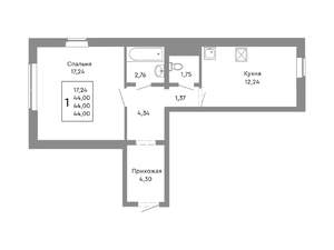 1-к квартира, строящийся дом, 44м2, 1/10 этаж