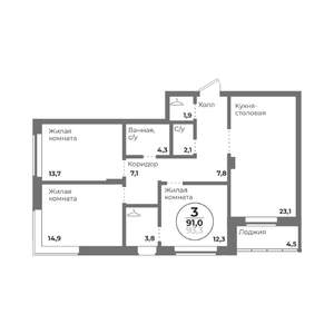 3-к квартира, строящийся дом, 91м2, 4/22 этаж