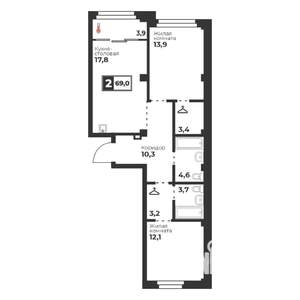 2-к квартира, вторичка, 69м2, 8/18 этаж