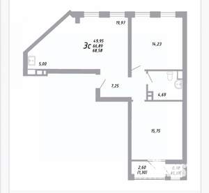 3-к квартира, вторичка, 69м2, 6/23 этаж