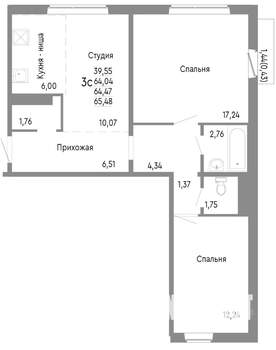 3-к квартира, строящийся дом, 64м2, 9/10 этаж