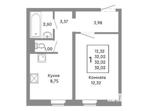 1-к квартира, строящийся дом, 32м2, 2/10 этаж