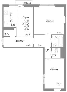 3-к квартира, строящийся дом, 64м2, 10/10 этаж