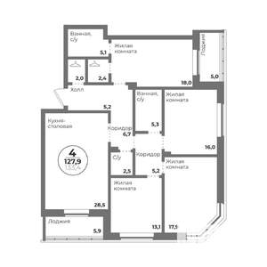 4-к квартира, строящийся дом, 128м2, 1/22 этаж
