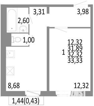 1-к квартира, строящийся дом, 32м2, 8/10 этаж