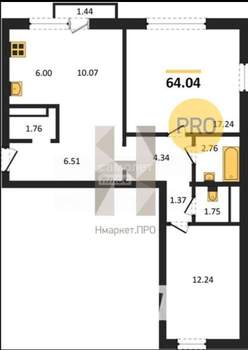 2-к квартира, вторичка, 64м2, 6/10 этаж