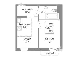 2-к квартира, строящийся дом, 32м2, 5/10 этаж