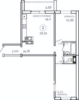 2-к квартира, строящийся дом, 59м2, 10/10 этаж
