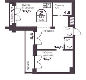 1-к квартира, вторичка, 54м2, 8/8 этаж