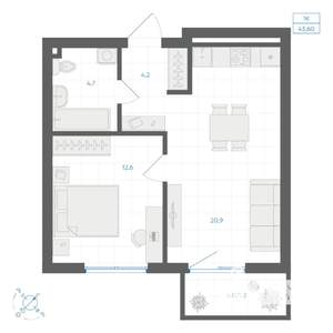 1-к квартира, вторичка, 44м2, 3/9 этаж