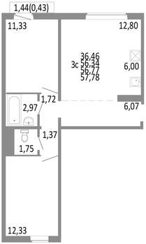 3-к квартира, строящийся дом, 57м2, 7/10 этаж