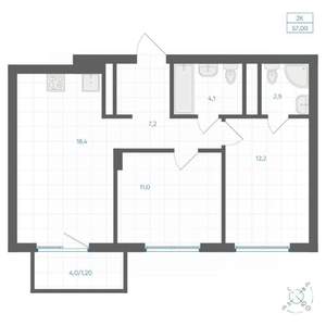 2-к квартира, вторичка, 57м2, 16/18 этаж