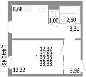 1-к квартира, строящийся дом, 32м2, 7/10 этаж