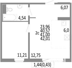 2-к квартира, строящийся дом, 41м2, 6/10 этаж