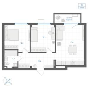 2-к квартира, вторичка, 63м2, 6/10 этаж