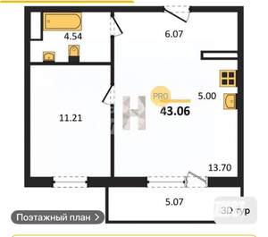 1-к квартира, вторичка, 43м2, 3/10 этаж