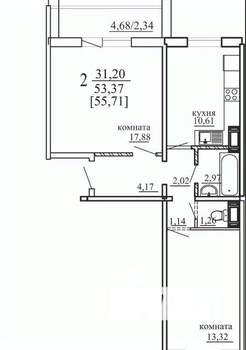 2-к квартира, вторичка, 53м2, 4/10 этаж