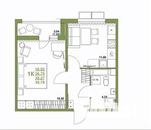 1-к квартира, вторичка, 38м2, 2/16 этаж