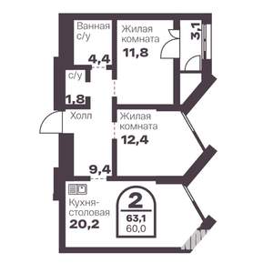 2-к квартира, вторичка, 60м2, 8/24 этаж