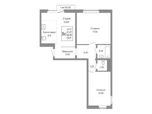 3-к квартира, строящийся дом, 62м2, 6/10 этаж