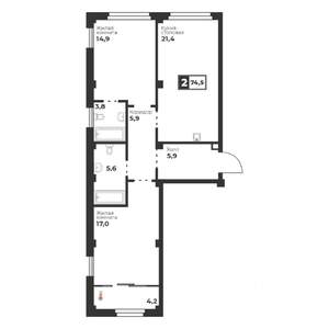 2-к квартира, строящийся дом, 75м2, 17/18 этаж