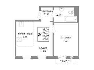 2-к квартира, строящийся дом, 37м2, 4/10 этаж