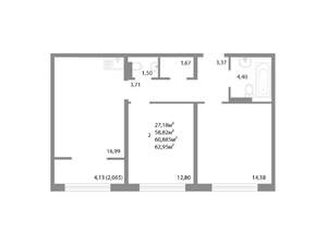 2-к квартира, строящийся дом, 61м2, 17/17 этаж