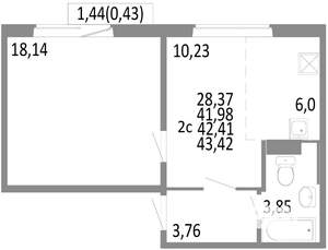 2-к квартира, строящийся дом, 42м2, 6/10 этаж