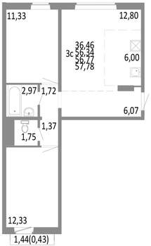 3-к квартира, строящийся дом, 57м2, 6/10 этаж