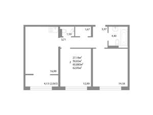 2-к квартира, строящийся дом, 61м2, 6/17 этаж