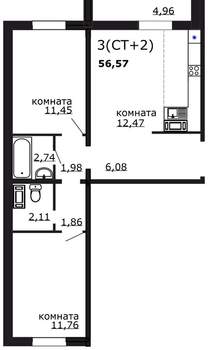 3-к квартира, вторичка, 57м2, 9/18 этаж