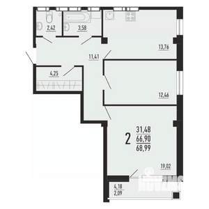 2-к квартира, вторичка, 69м2, 10/16 этаж