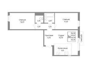 3-к квартира, строящийся дом, 54м2, 3/10 этаж