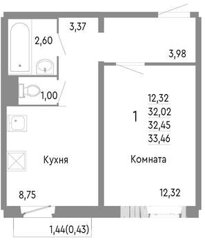 1-к квартира, строящийся дом, 32м2, 6/10 этаж