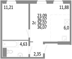 2-к квартира, строящийся дом, 36м2, 2/10 этаж