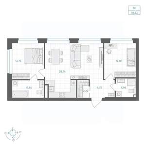 2-к квартира, вторичка, 71м2, 11/30 этаж