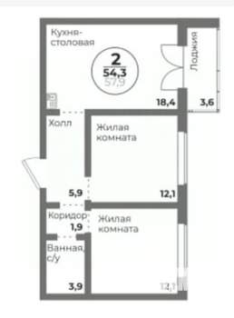 2-к квартира, вторичка, 54м2, 5/16 этаж