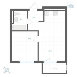1-к квартира, вторичка, 43м2, 7/9 этаж