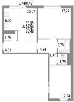 3-к квартира, строящийся дом, 64м2, 4/10 этаж