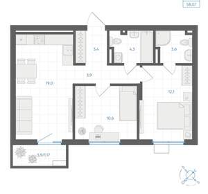 2-к квартира, вторичка, 58м2, 2/18 этаж